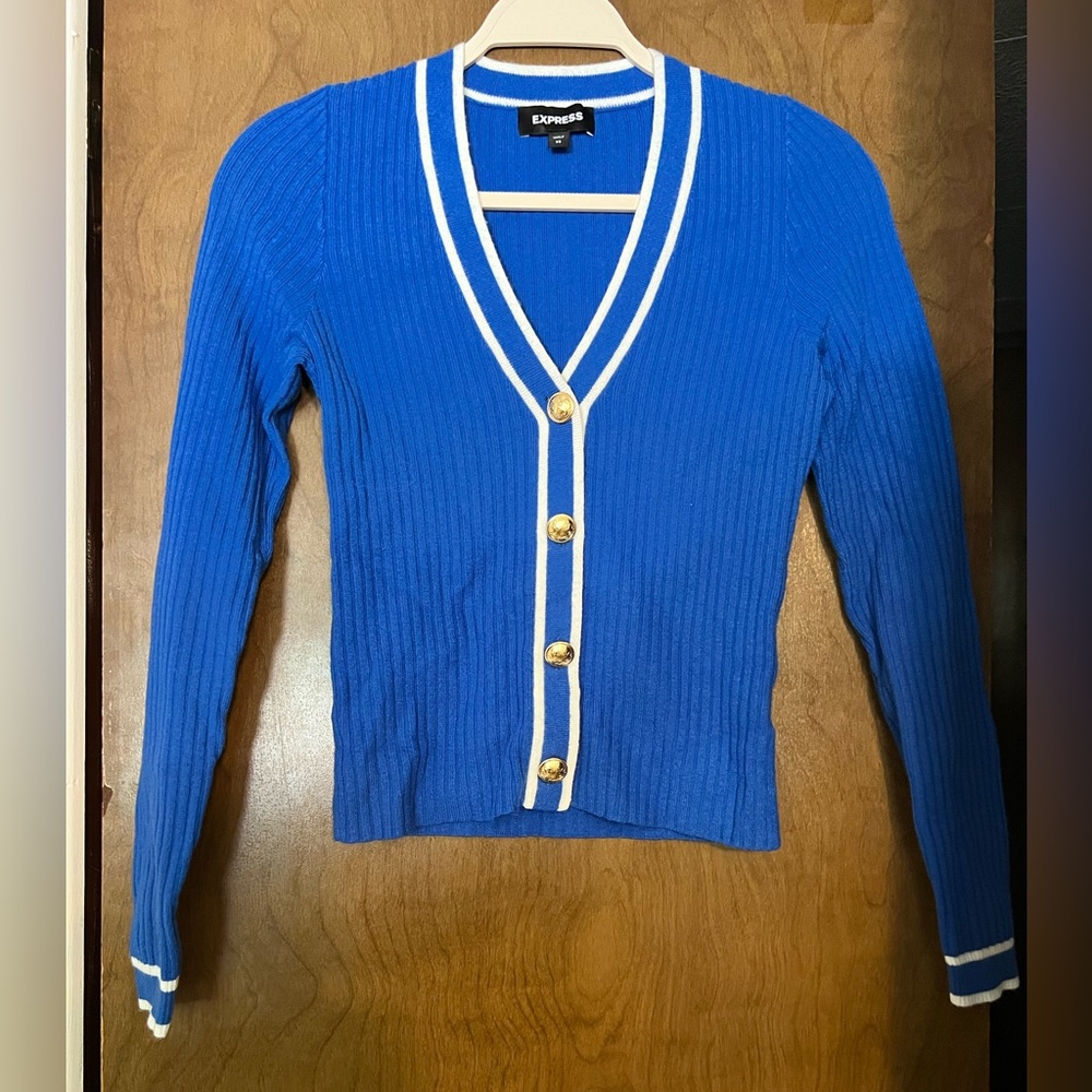 Express Blue and White Ribbed Cardigan Sweater
